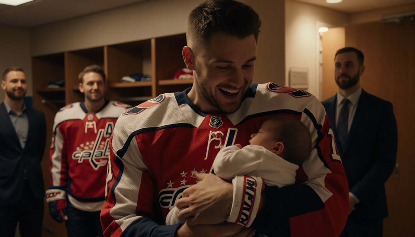 Dylan Strome holding his newborn daughter in a warm locker room with golden light and teammates watching in the background