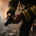 Firefighter carefully retrieving a firearm from charred remains with ash-filled air and smoky background