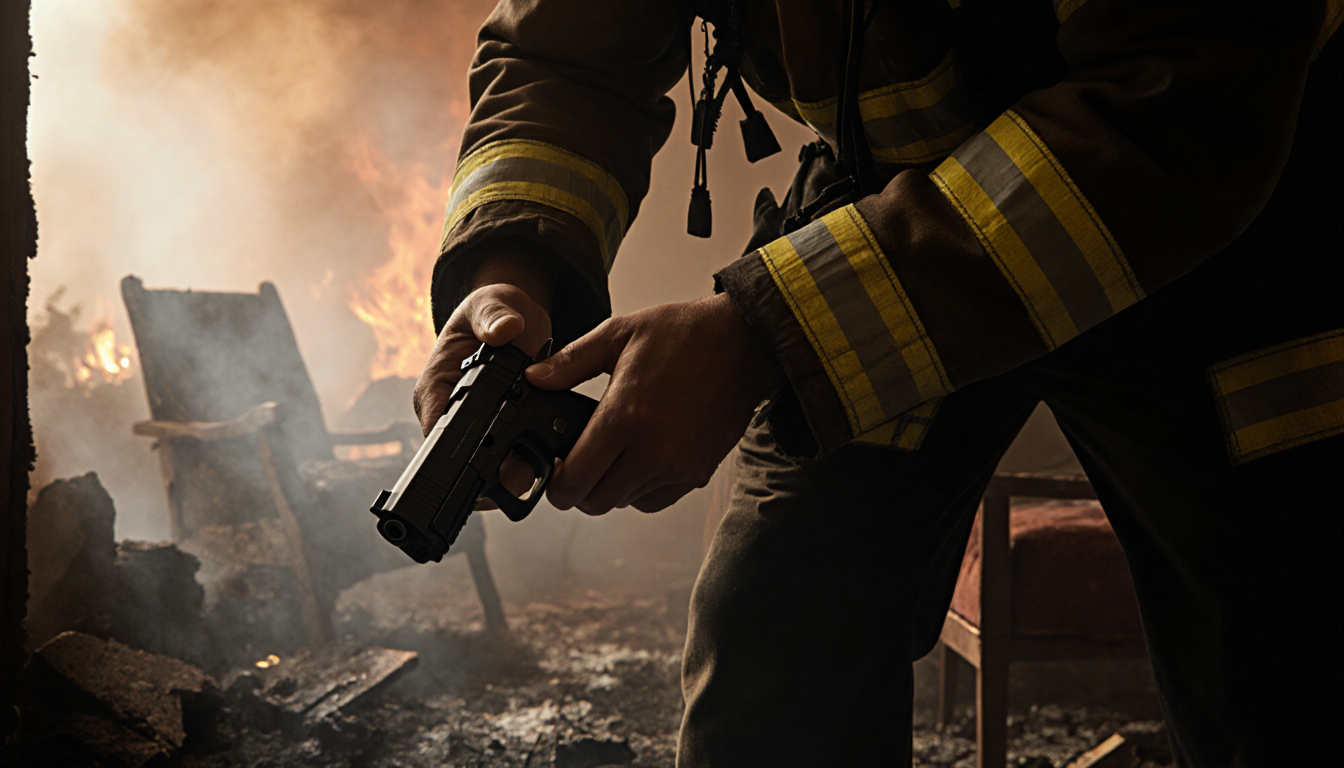 Firefighter carefully retrieving a firearm from charred remains with ash-filled air and smoky background