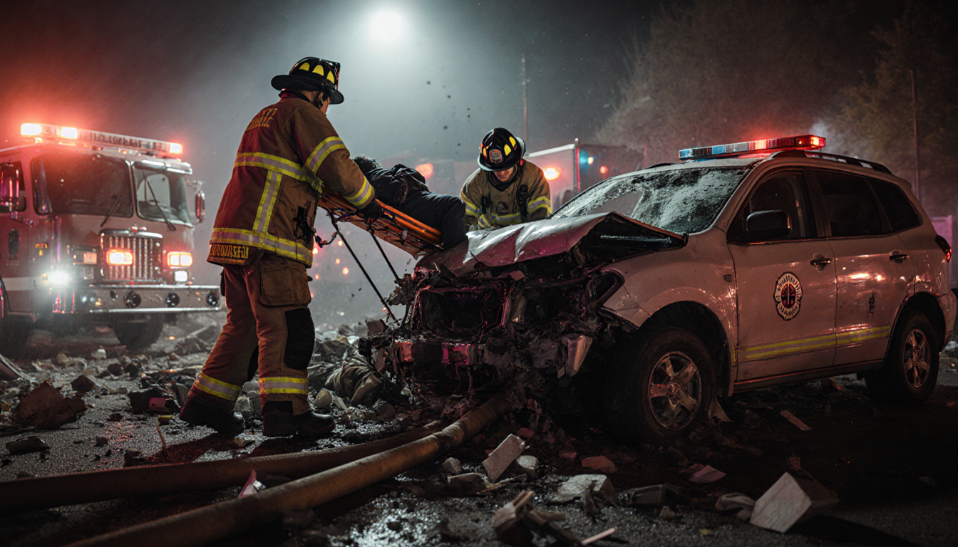 Firefighters rescuing two trapped victims with one lifted onto stretcher amid chaotic crash scene