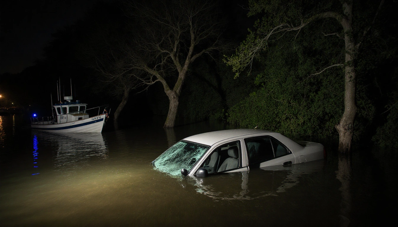 Car floats partially submerged in flooded Lancaster street with water lapping at tires and police boat docked nearby