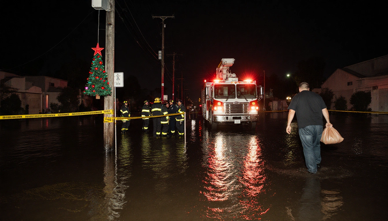 Resident walking toward rescuers with emergency responders and sandbag near Christmas tree on pole in flooded street