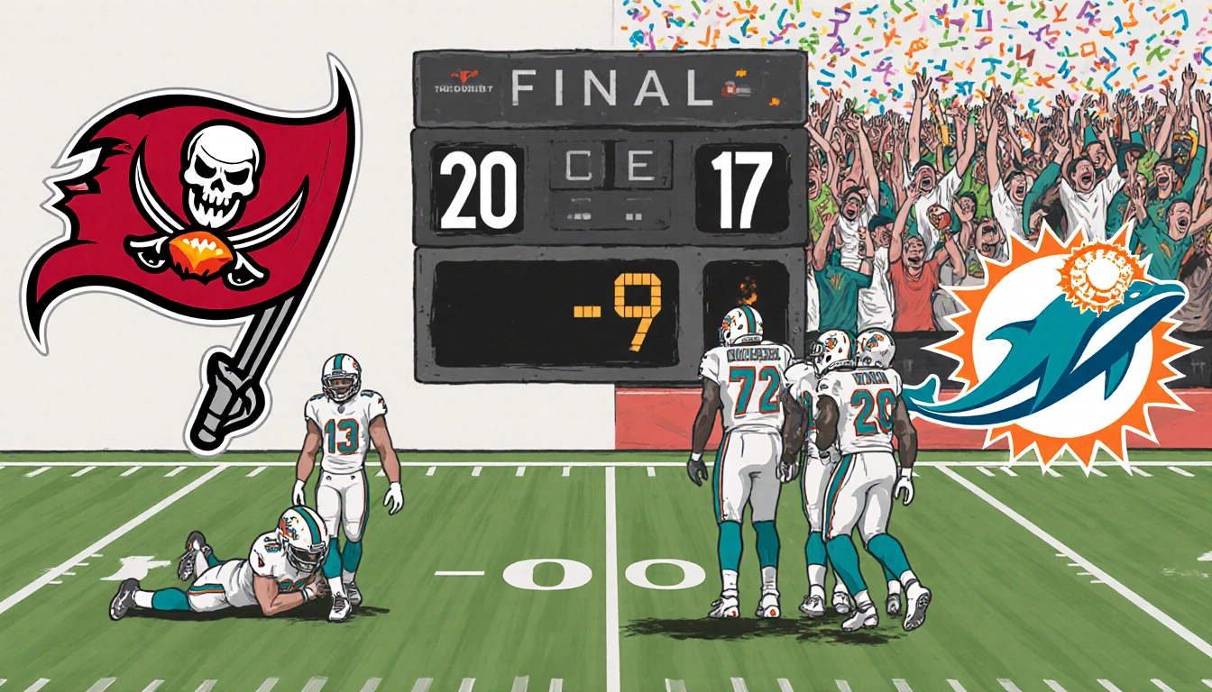 Buccaneers players walking off the football field with defeat and Dolphins celebrating beside scoreboard showing 20-17