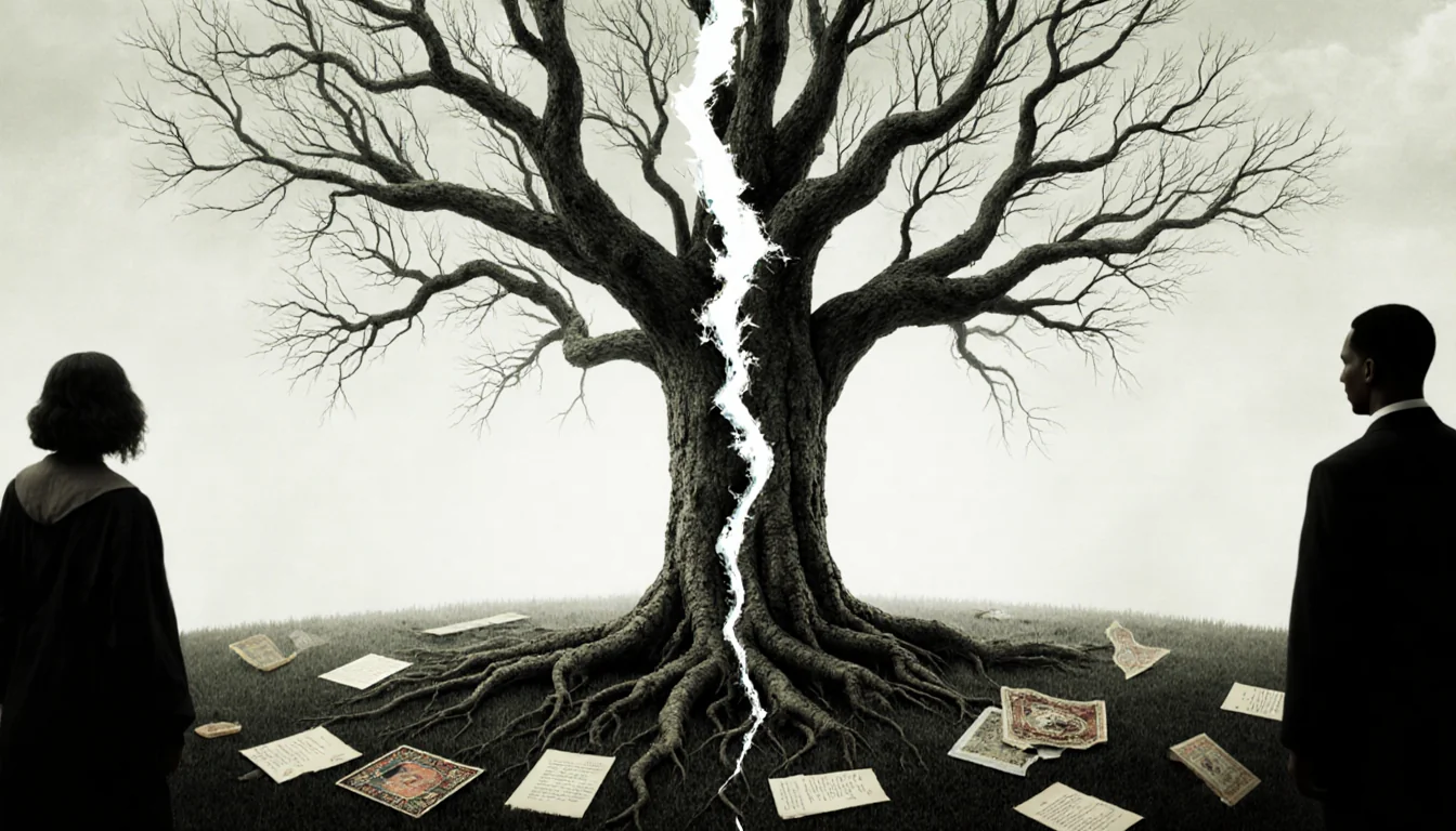 Fractured family tree splitting in two with broken roots and torn paper nearby