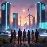 Investors stand looking out over a futuristic city with neon lights and green wind turbines and lush greenery