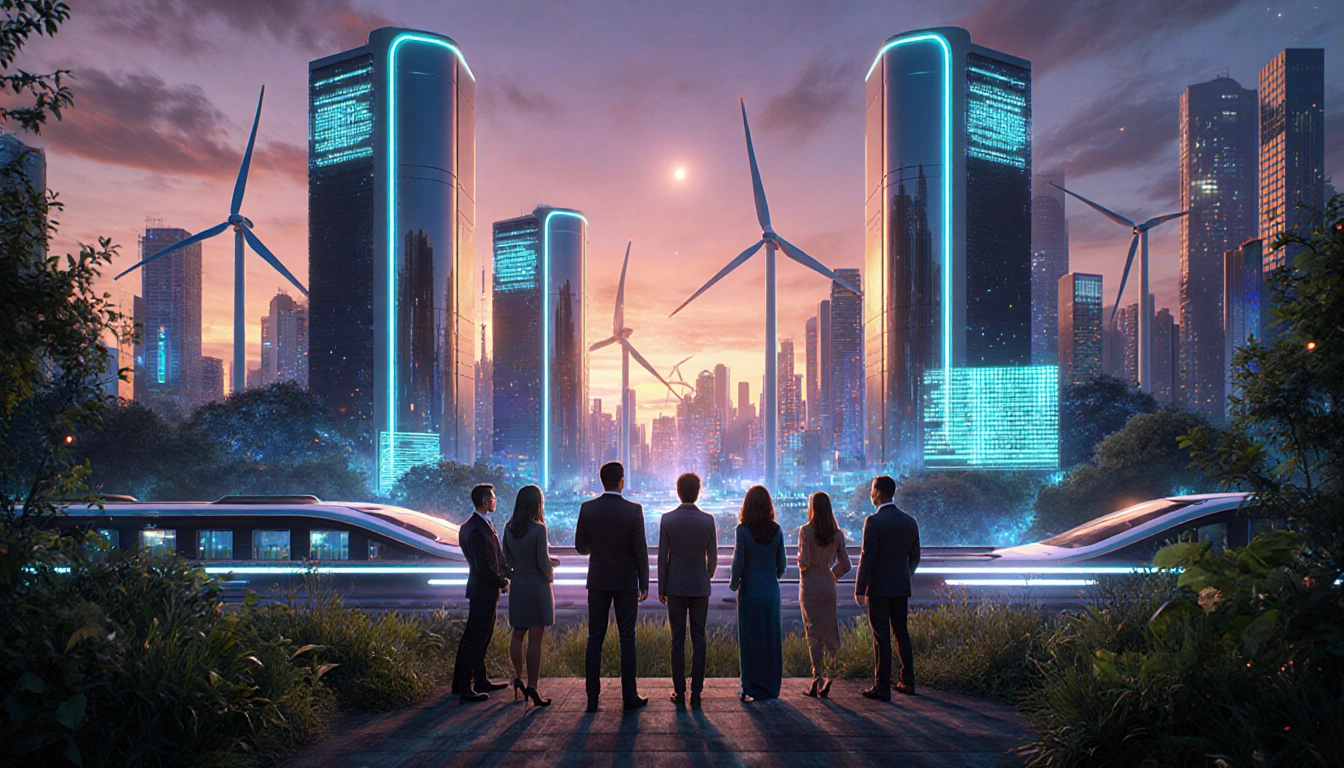Investors stand looking out over a futuristic city with neon lights and green wind turbines and lush greenery