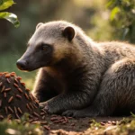 Laura Garcia the giant anteater curling around a termite mound with warm sunlit leaves and soft fur texture