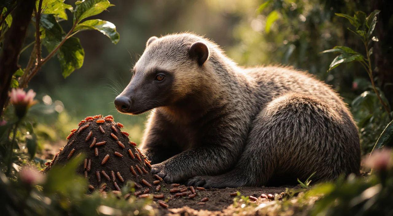 Laura Garcia the giant anteater curling around a termite mound with warm sunlit leaves and soft fur texture