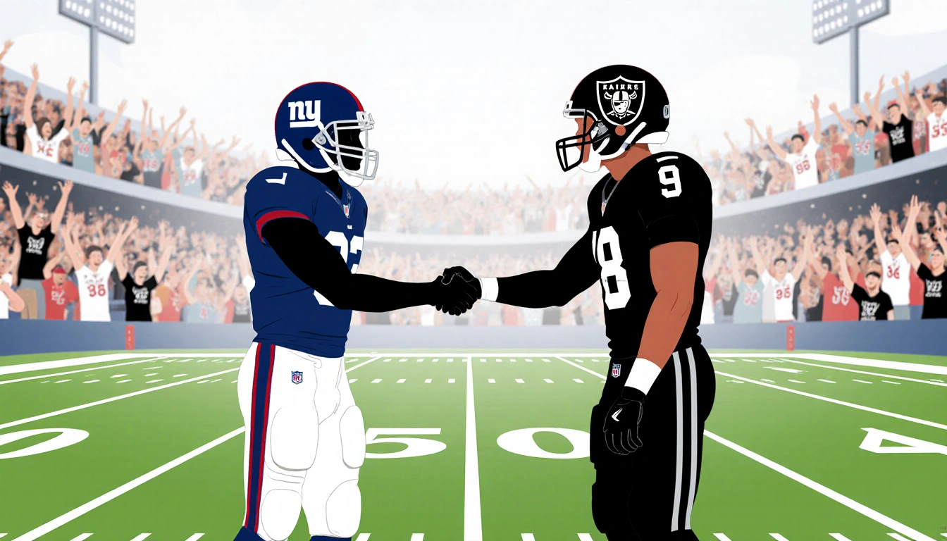 Two football players from the New York Giants and Las Vegas Raiders handshake on a gridiron field with blurred stadium fans a