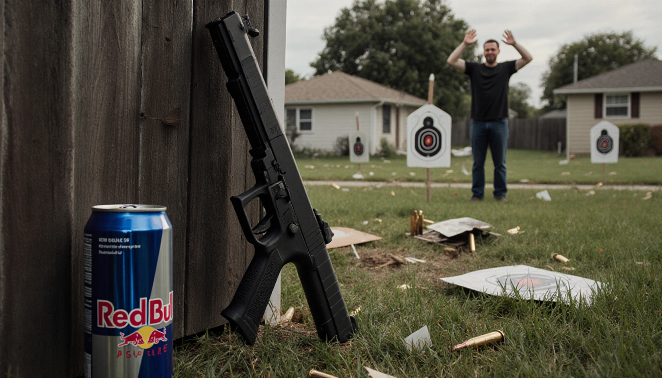 Cody Wayne Adams stands upset with hands up beside a Glock 45 on a fence and a Red Bull can