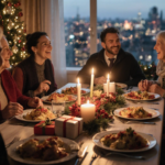 People laughing around a holiday table with candlelight and traditional dishes, gifts scattered on the table.