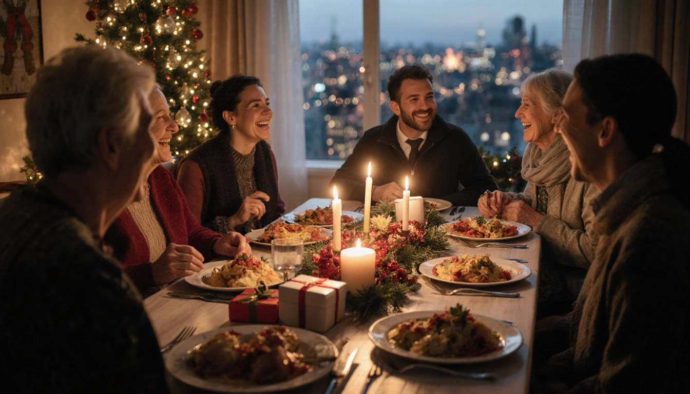People laughing around a holiday table with candlelight and traditional dishes, gifts scattered on the table.