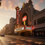 Hollywood Walk of Fame lights up with TCL Chinese Theatre glowing YouTube logo and stars morphing into Oscar mosaics at sunse