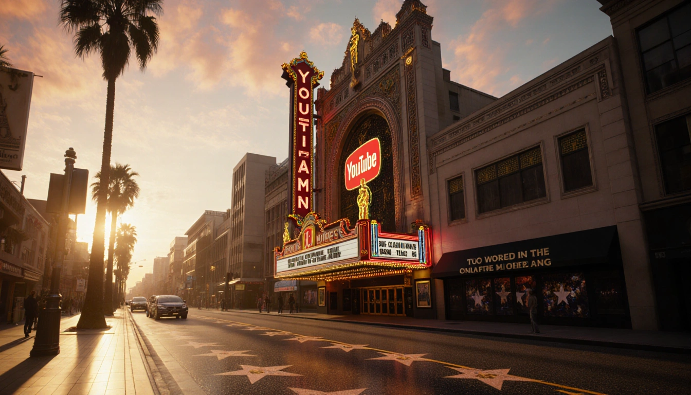 Hollywood Walk of Fame lights up with TCL Chinese Theatre glowing YouTube logo and stars morphing into Oscar mosaics at sunse