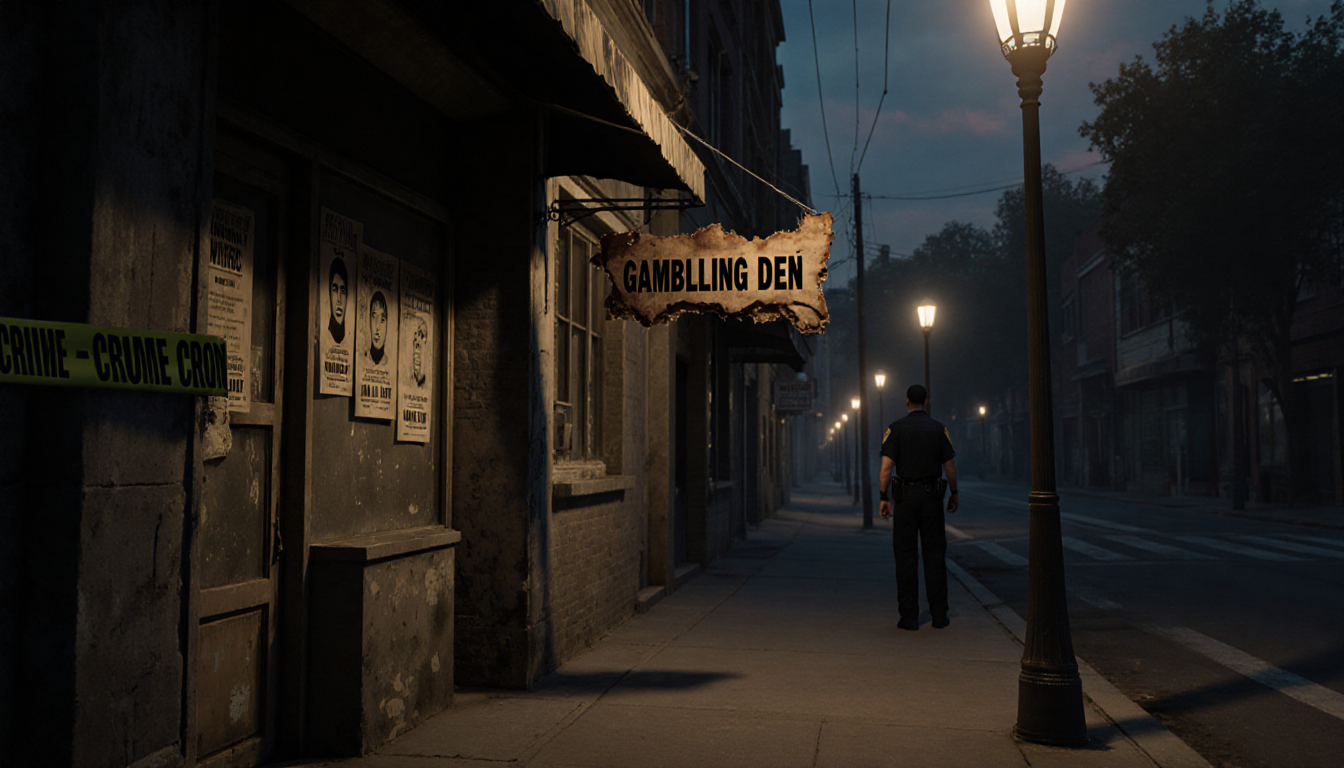 Police officer standing watchful outside with gambling den sign hanging crookedly and crime posters.