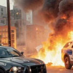 Chatbot screen shows refusal message with text about crime scenes and offers help with other requests