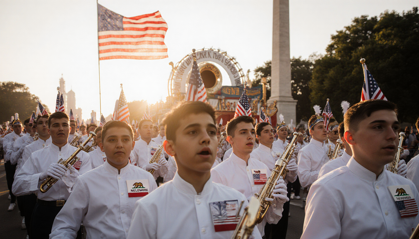Inglewood High School band marching proudly with California flags on white uniforms beneath sunset Independence Day Parade.