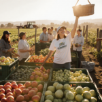 Farmer harvesting produce at Irvine farm with crates overflowing and a volunteer holding a basket.