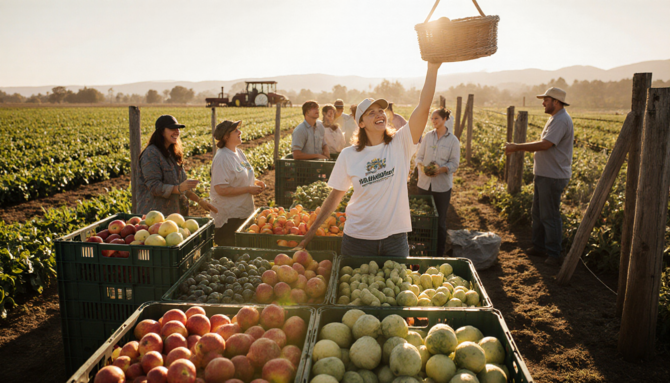 Farmer harvesting produce at Irvine farm with crates overflowing and a volunteer holding a basket.