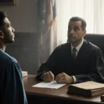 Judge resting hands on papers with detention folder on desk while hopeful defendant looks up in courtroom