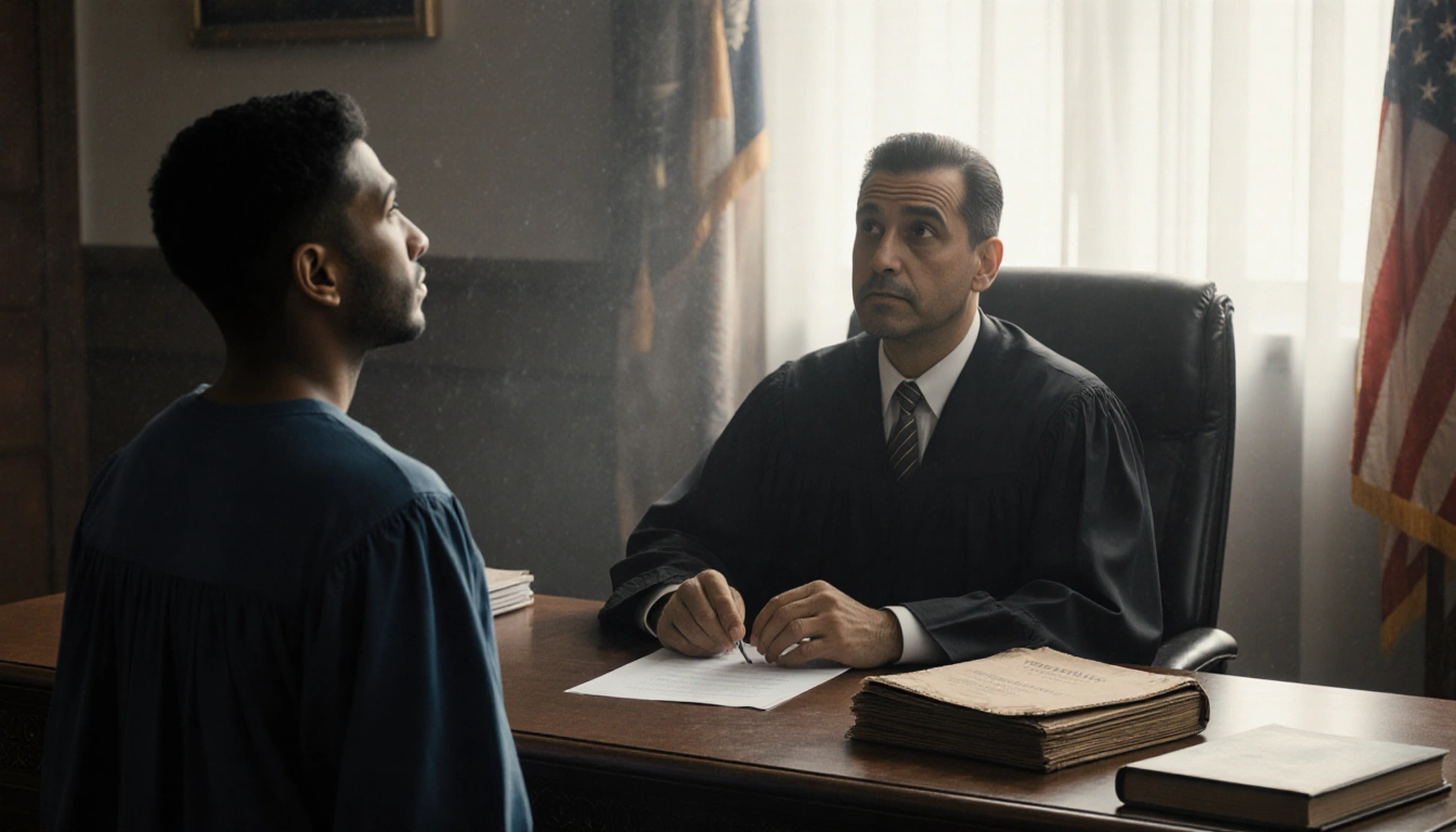 Judge resting hands on papers with detention folder on desk while hopeful defendant looks up in courtroom