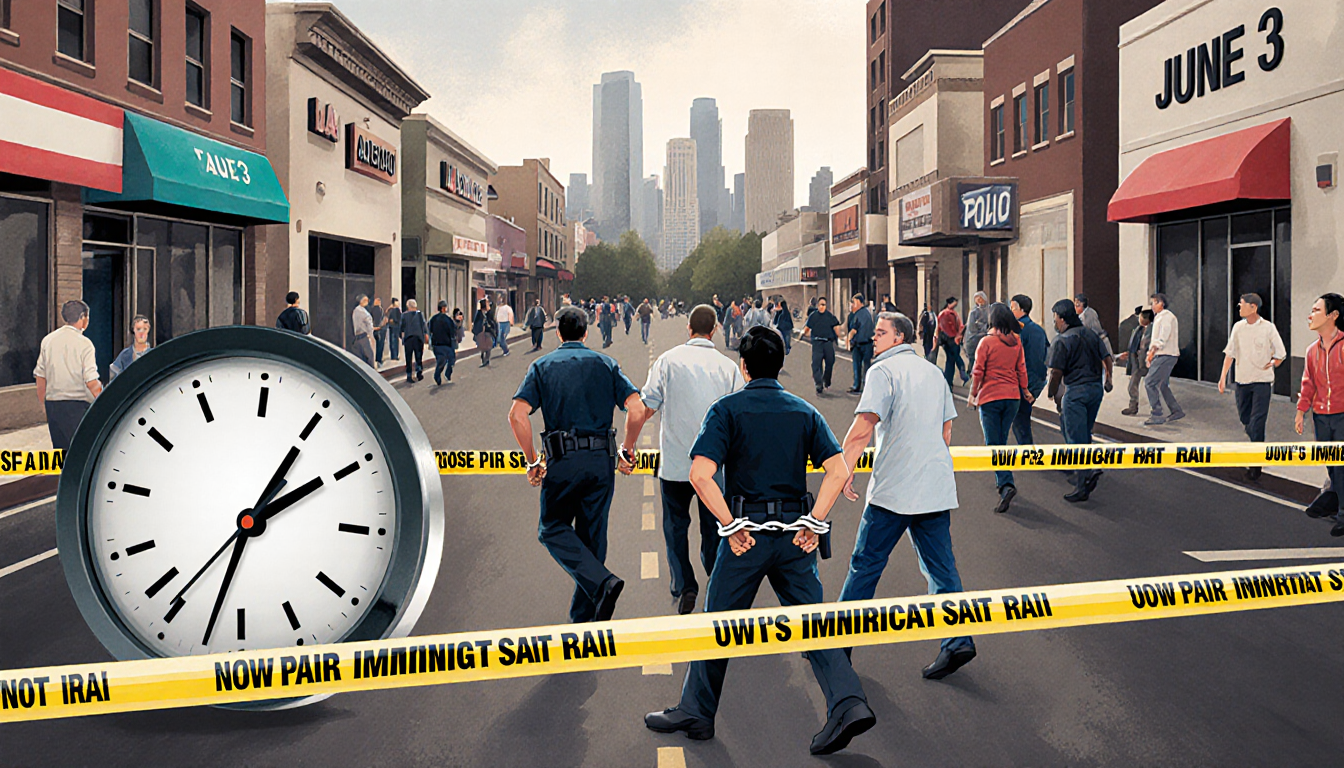 Immigrants being led away by officials with police tape around three downtown LA workplaces and a June 3 clock in foreground