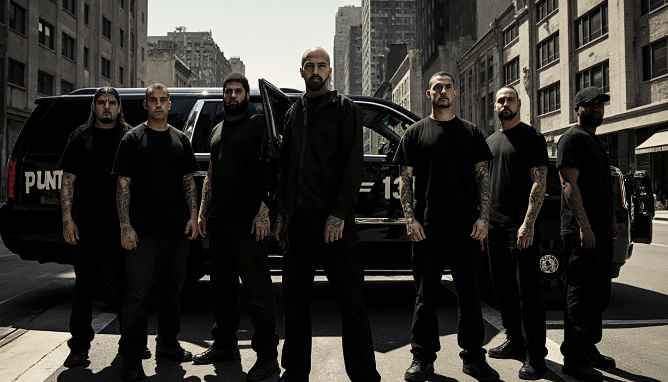 Group of tattooed men standing in front of a black SUV with Puente-13 and open rear doors revealing evidence bags