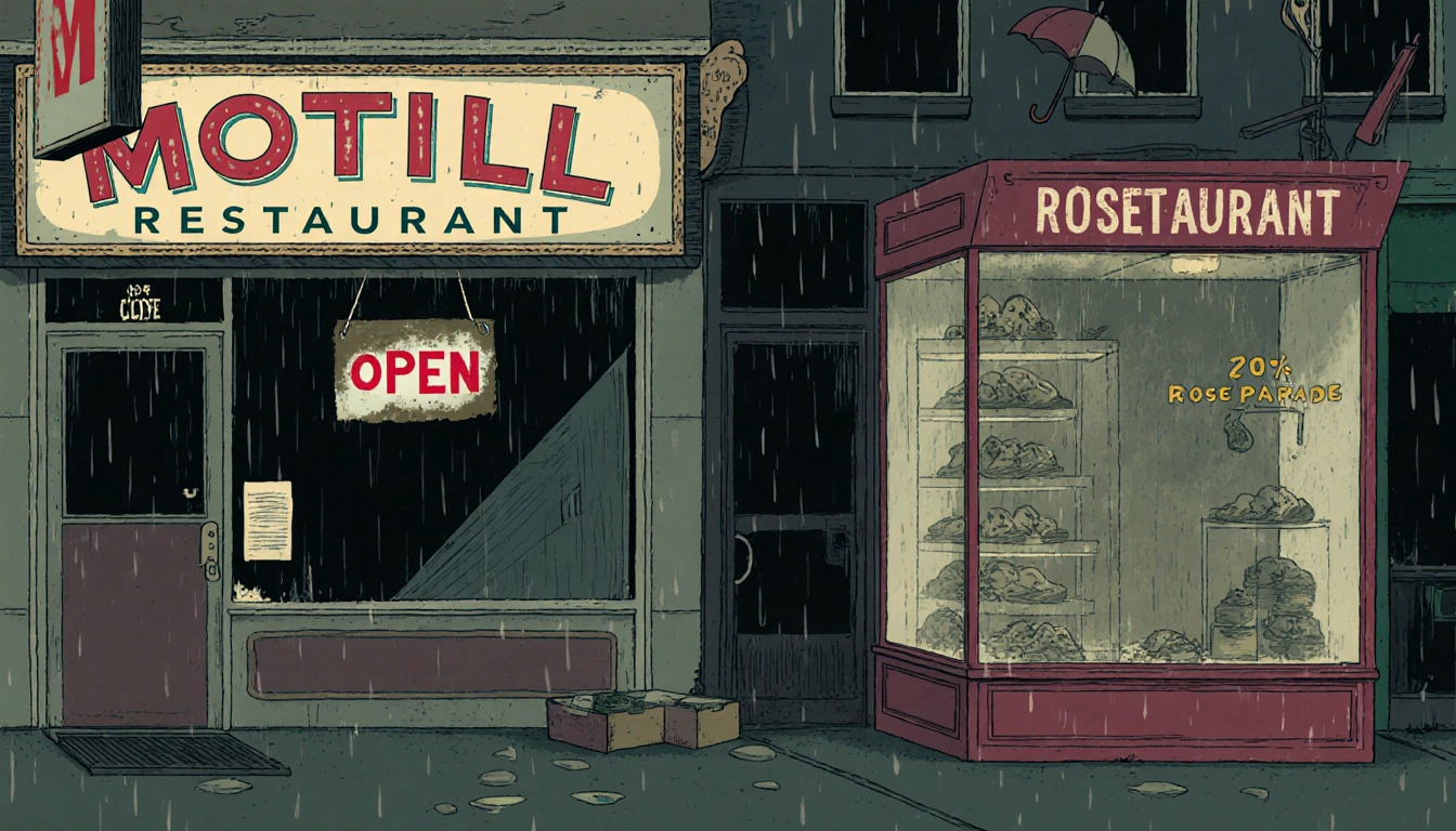 Los Angeles street showing empty storefronts with faded Open sign and dusty display case with hint of rain