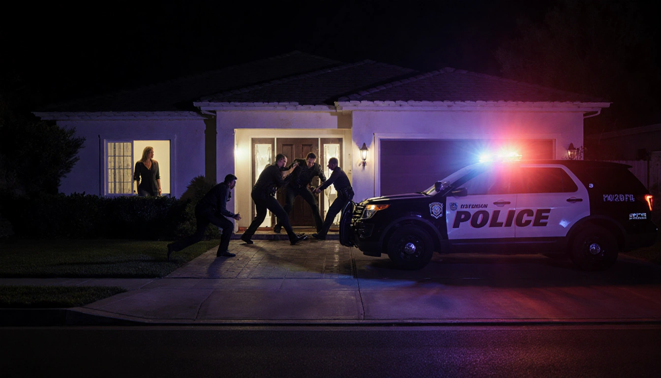 Three intruders break into luxury home front door with LAPD lights and alarmed residents watching.