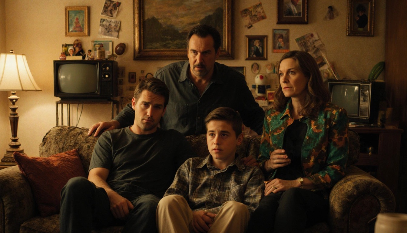 Frankie Muniz sits on a worn couch while Jane Kaczmarek watches in a family sitcom surrounded by nostalgic props.