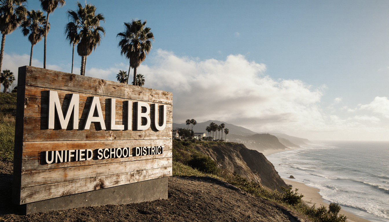 Wooden sign announcing Malibu Unified School District stands on a sunny Malibu shoreline with palm trees and bright blue sky