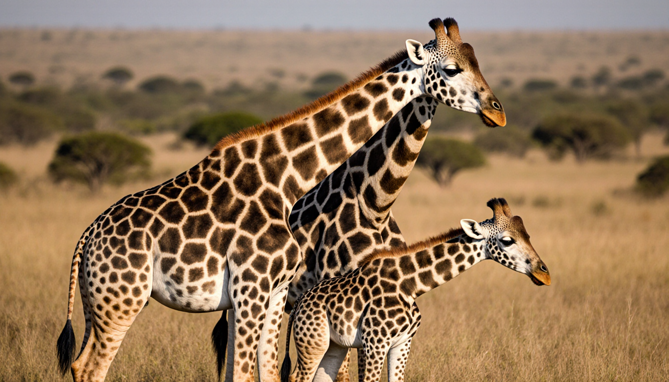 Two adult Masai giraffes standing side by side in a warm savannah with a new calf nuzzling symbolizing conservation.