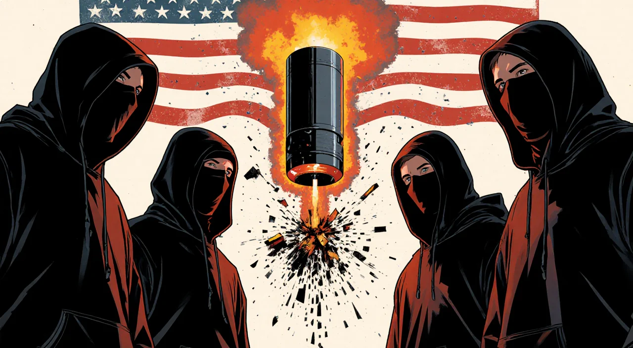 Four anti-government hooded men forming a semi-circle with an ominous explosive device in the center and a faint American fla