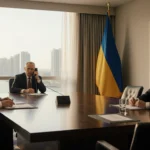 U.S. representative talking on phone at a wooden table with Russian and Ukrainian diplomats near window showing Miami skyline