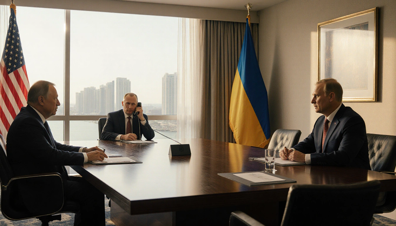 U.S. representative talking on phone at a wooden table with Russian and Ukrainian diplomats near window showing Miami skyline
