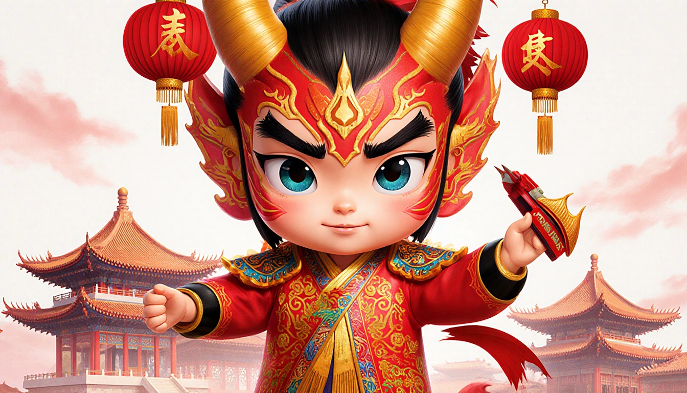 Ne Zha 2 hero poses with demon child design and bold Chinese motifs in a poster featuring pagoda and lanterns