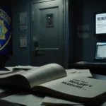 The newsroom features a door and police screen with a table showing an open book titled Case File Reiner Murders and a laptop