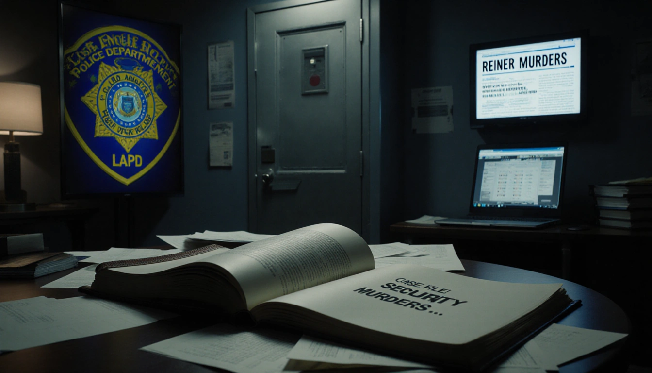 The newsroom features a door and police screen with a table showing an open book titled Case File Reiner Murders and a laptop