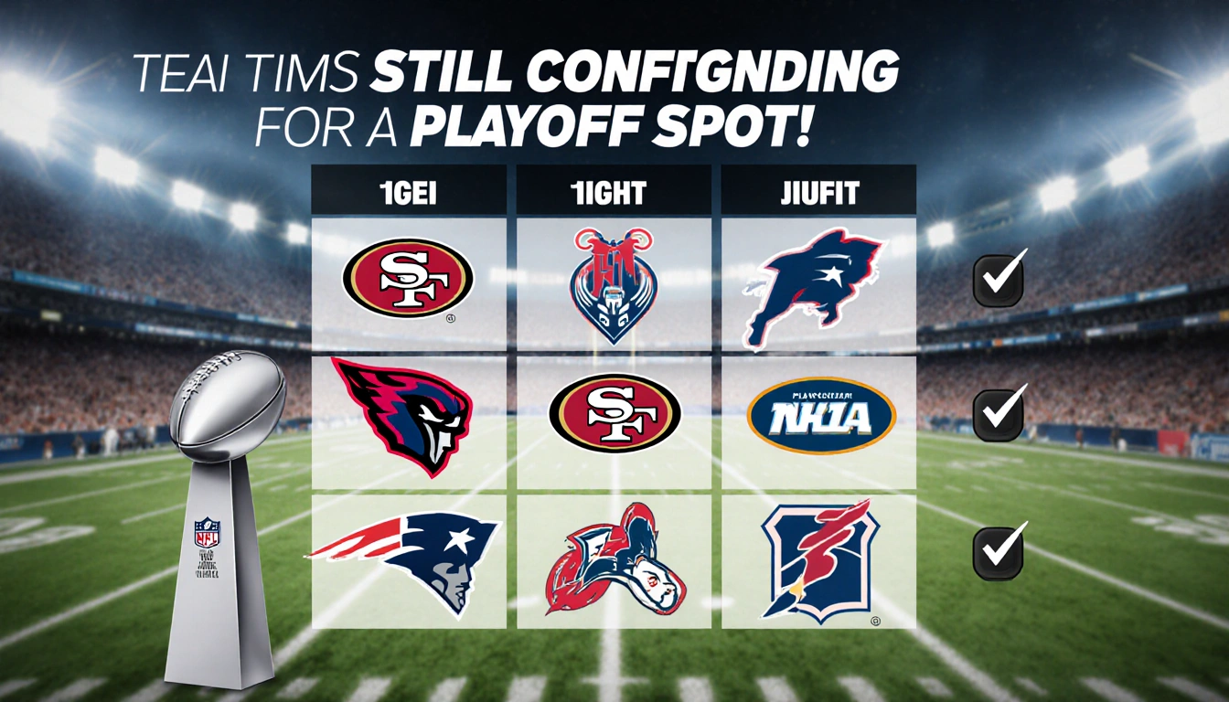 Grid of nine NFL team logos highlighted with playoff colors with bold title and blurred football field backdrop.