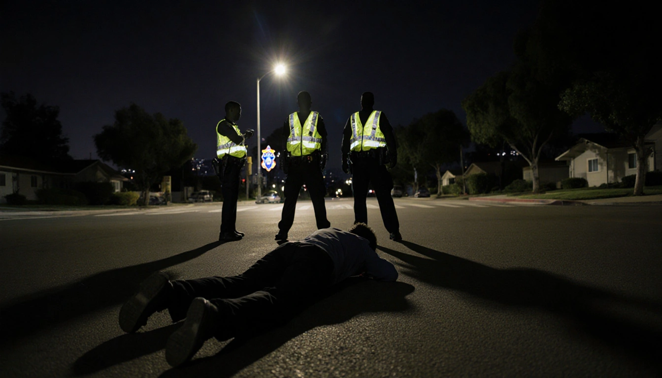 Young person lying on ground with police officers in reflective vests and nighttime cityscape glow