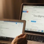 Person holding old Gmail address on old laptop with new Gmail address glowing on blurred background laptop and warm glow