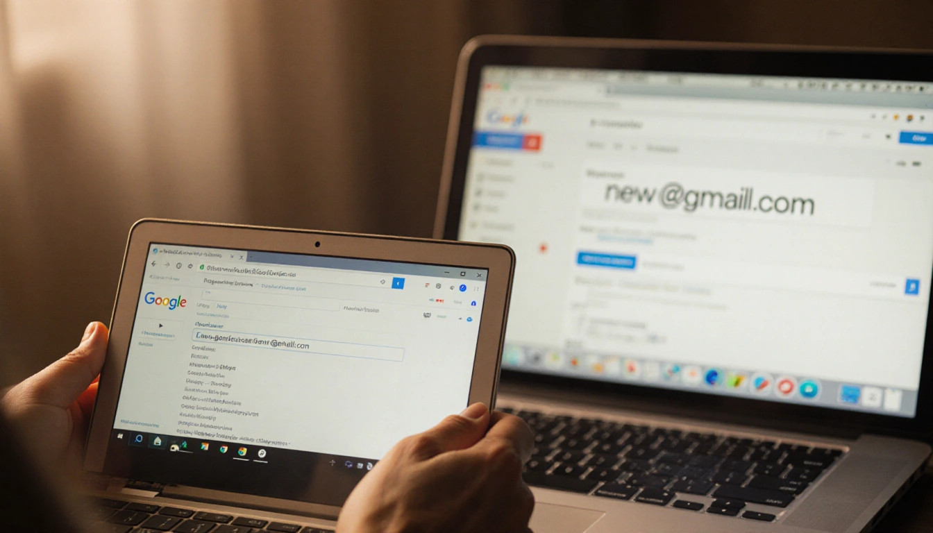 Person holding old Gmail address on old laptop with new Gmail address glowing on blurred background laptop and warm glow