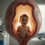 Ovarian cyst glows golden with a tiny baby boy peeking out from its center near blurred hospital equipment