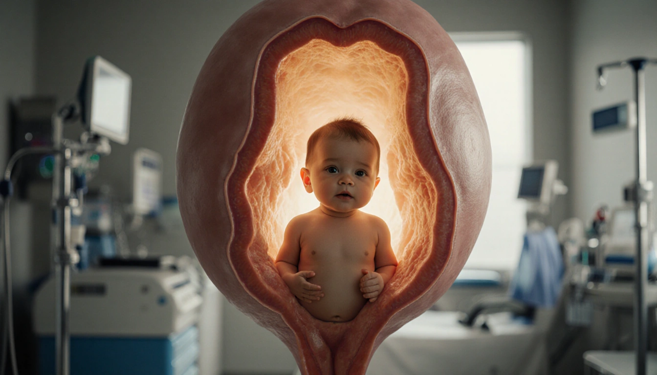 Ovarian cyst glows golden with a tiny baby boy peeking out from its center near blurred hospital equipment