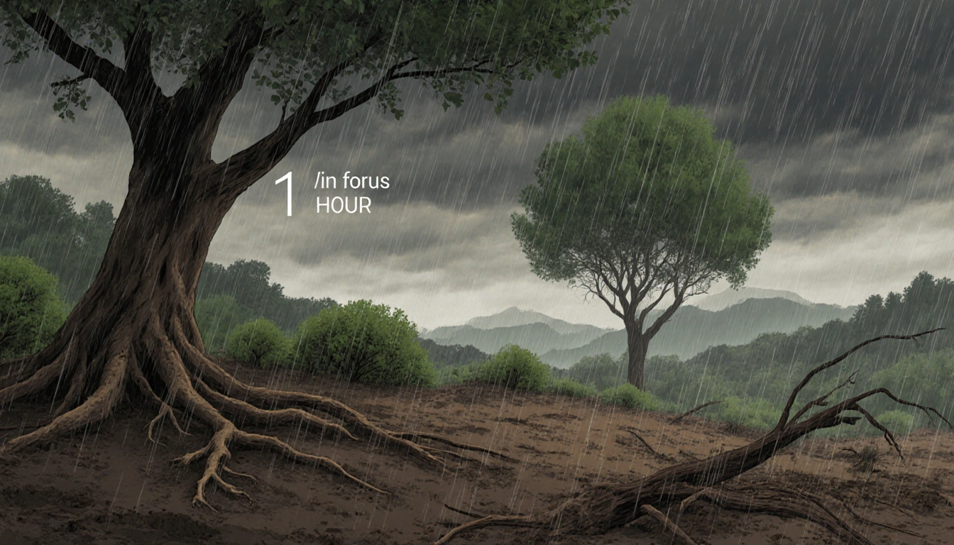 Stormy Palisades Fire landscape showing roots and loose soil under dark clouds rain indicating 1 inch per hour debris flow