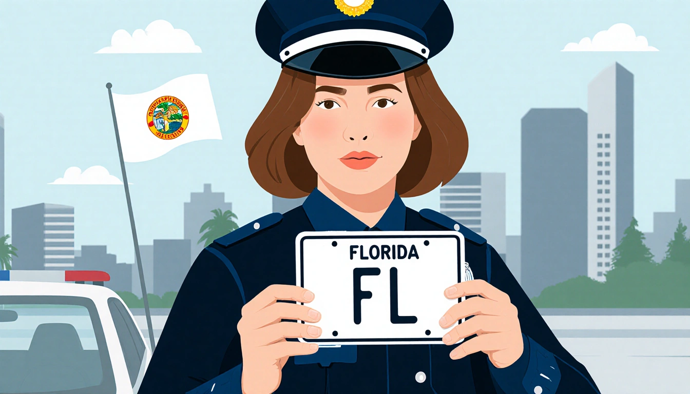 Police officer Julia Ross holding a license plate with a partially FL abbreviation and Florida flag