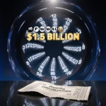 Powerball jackpot wheel glimmers with swirling white gold numbers under a warm spotlight while a torn ticket lies in front