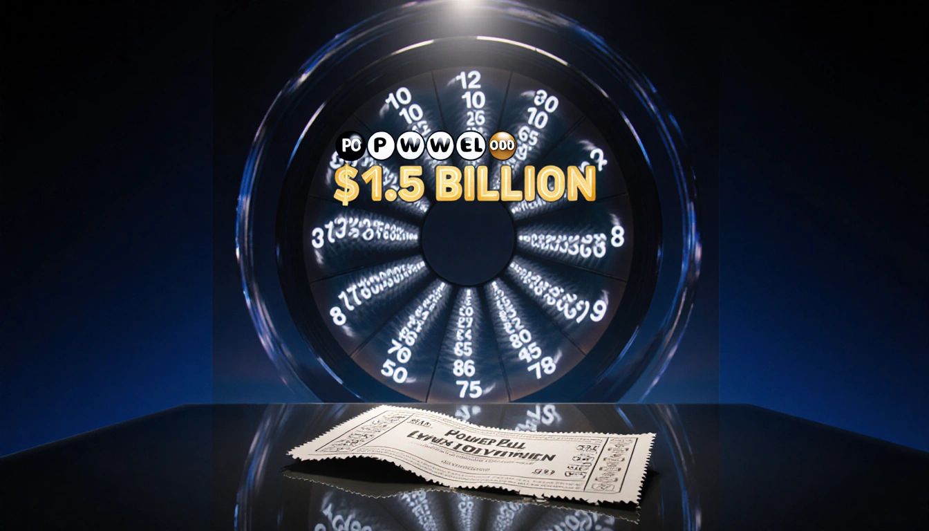 Powerball jackpot wheel glimmers with swirling white gold numbers under a warm spotlight while a torn ticket lies in front