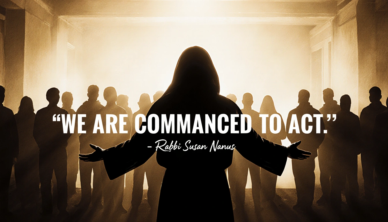 Rabbi Nanus stands before crowd with open hand gesture and warm golden light evoking moral responsibility