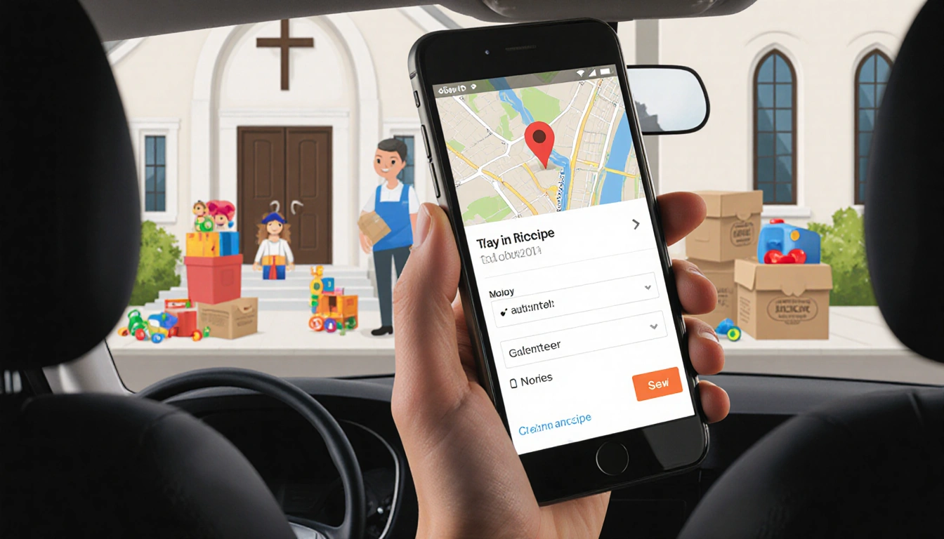 Person typing church pickup on phone with rideshare app visible and donation receipt on screen while standing outside church